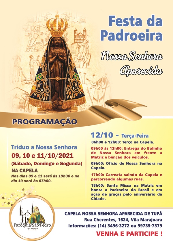So Pedro Apstolo de Tup divulga programao para o dia da Padroeira do Brasil