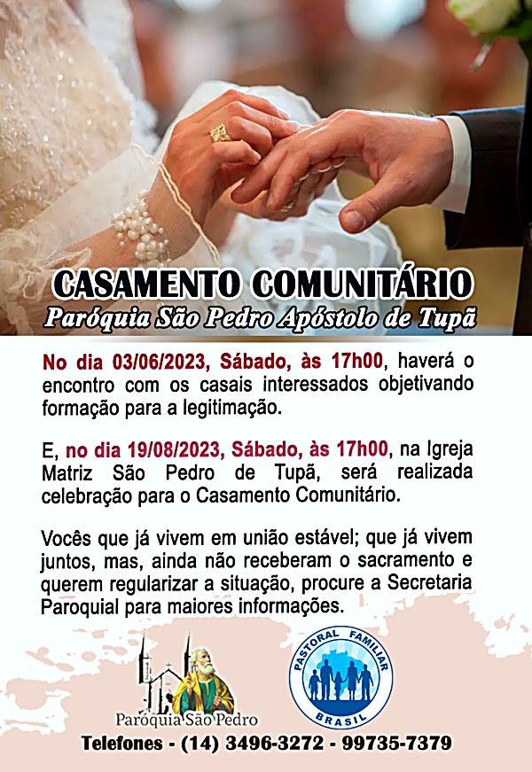 Inscries abertas para formao de legitimao e casamento comunitrio a casais que j vivem juntos