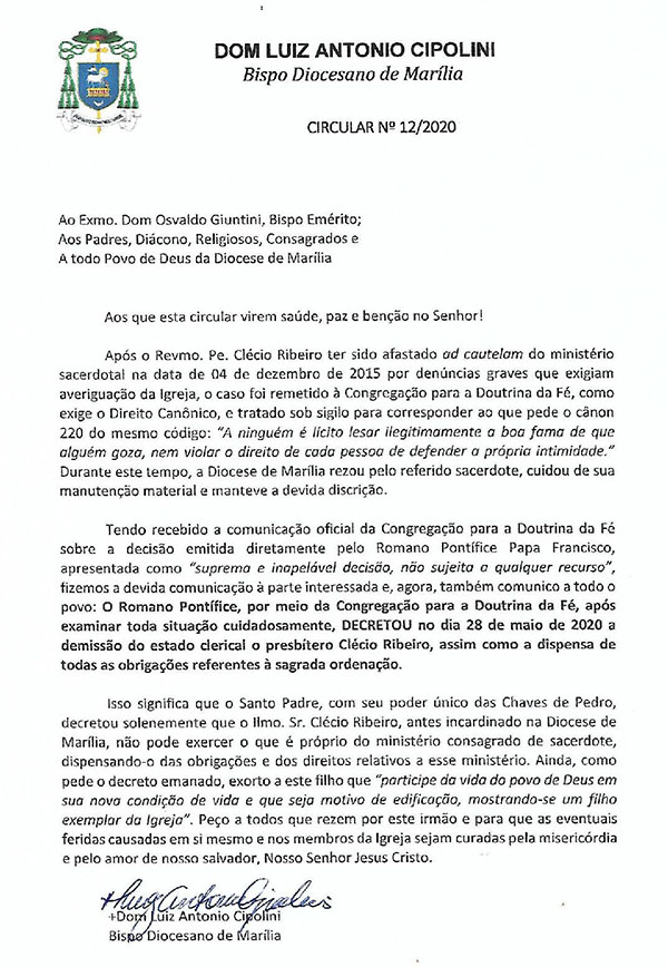 Diocese de Marilia emite esclarecimentos sobre a 'demisso do estado clerical' de Clcio Ribeiro