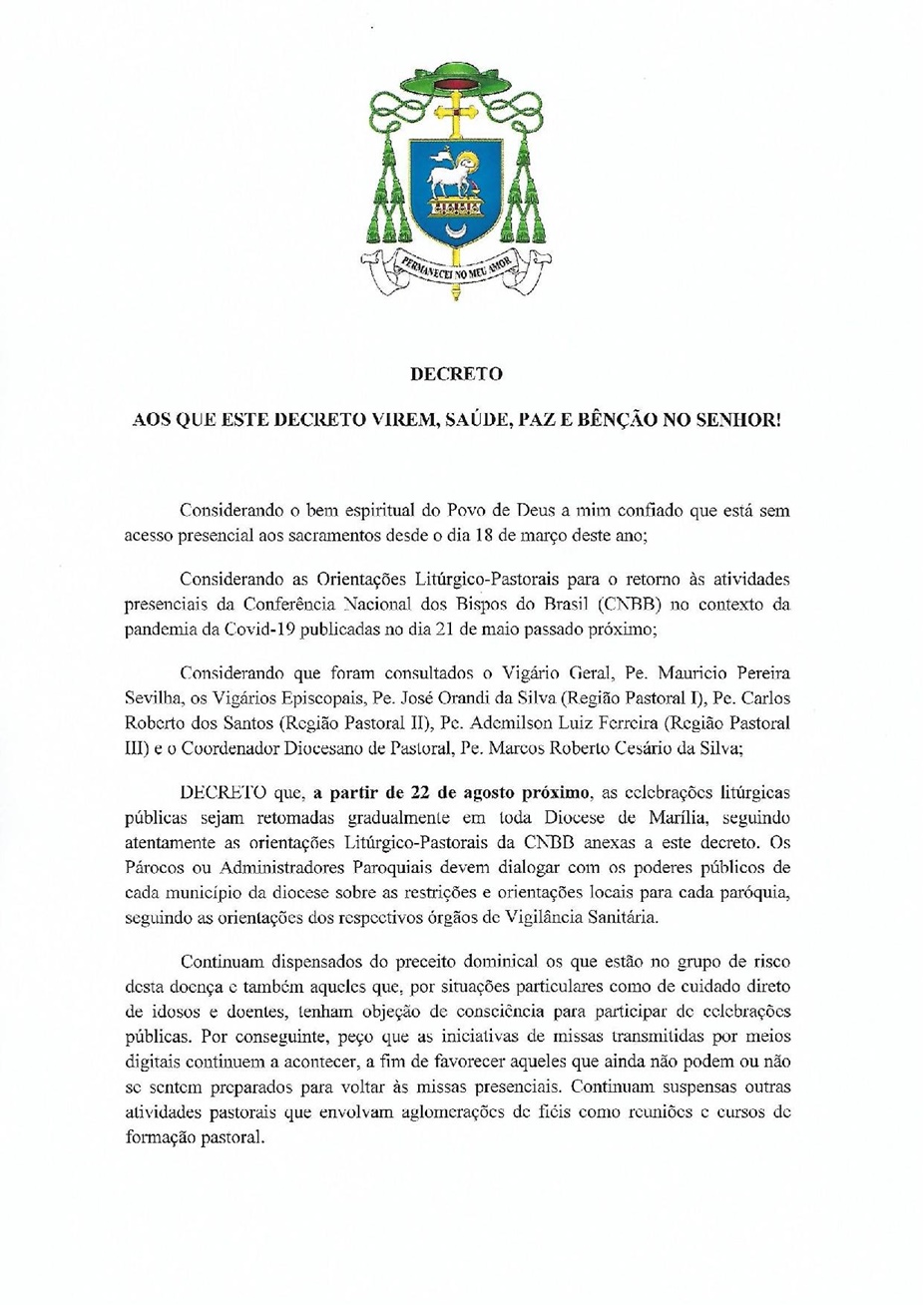 Decreto de 31072020 da Diocese de Marlia/SP