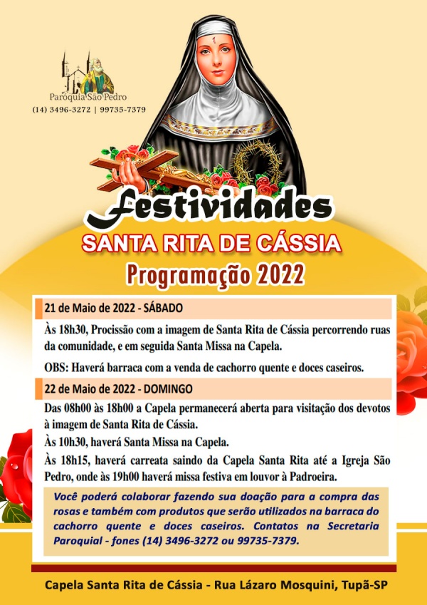 Comunidade Santa Rita de Cssia tem programao definida para o dia da Padroeira